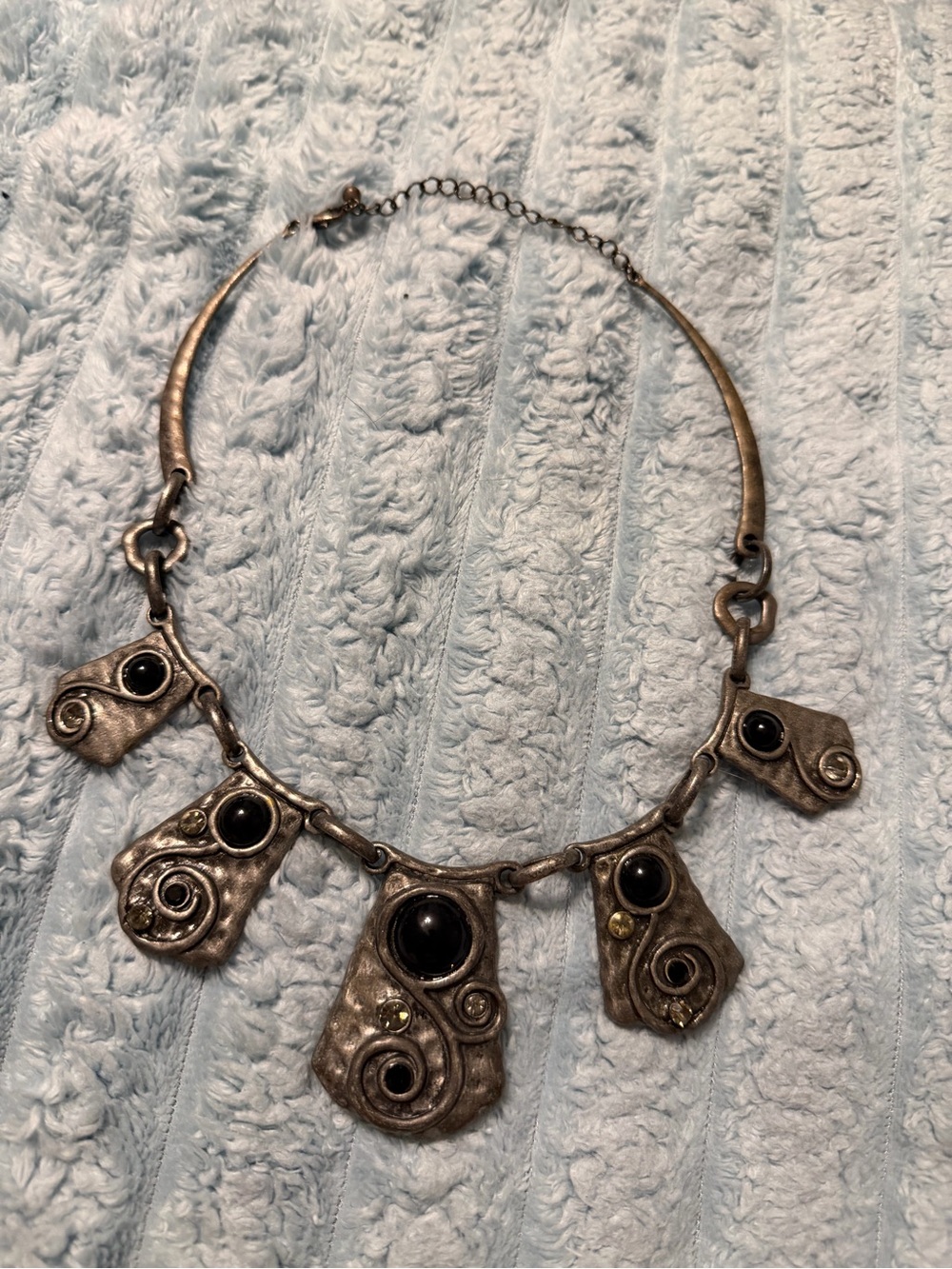 Boho Statement Necklace Silver Tone Black Cabochon & Rhinestone Bib Necklace